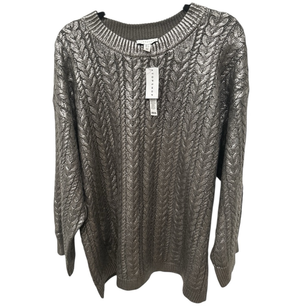 Topshop premium knitted cable metallic silver sweater size Large NWT